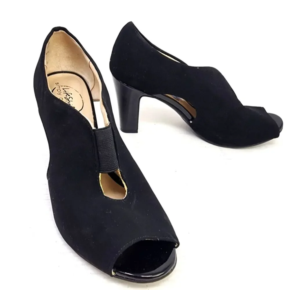 Lifestride Simply Comfort Black Suede Stretch Heels Peep‎ Toe Women's Size 7.5